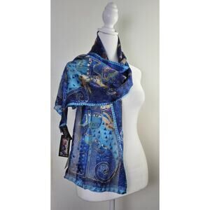 Laurel Burch Indigo Cats & Butterflies Blue Silk Rectangle Scarf